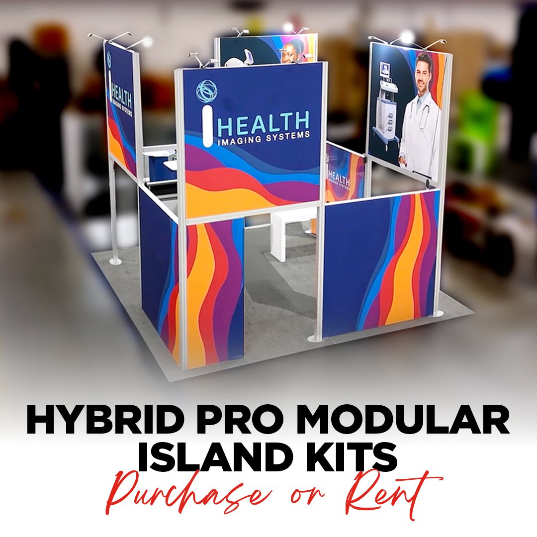OrbusDisplays's tweet photo. Get ready for tradeshow season and impress on a budget with our Hybrid Pro Modular Island kits - available for purchase or RENT!  Combine style, function and cost efficiency to help elevate your brands. Watch to learn more.  https://t.co/JluVU5uH7a https://t.co/MOlxGHkve5