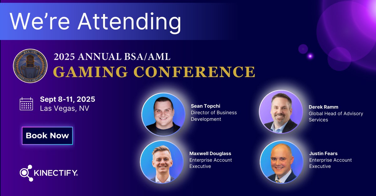 With the 2025 BSA/AML Gaming Conference happening in two weeks, we want to show you how AML teams are maximizing efficiency and minimizing risk with Kinectify. Book some time with us for a quick 1:1 ⬇️ 

hubs.ly/Q03FH8N30

#aml #amlcompliance #BSAAML2025 #gamingcompliance