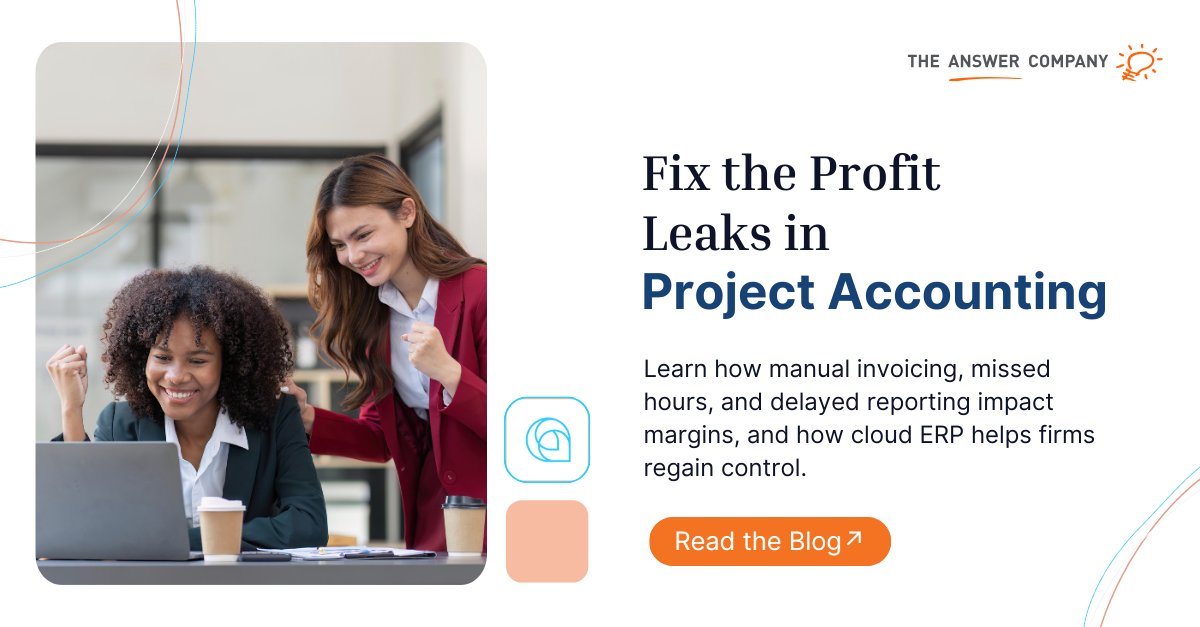 TheAnswerCo's tweet image. Manual invoicing, missed hours &amp;amp; slow reporting drain profitability.
Our blog shows how cloud ERP helps firms fix project accounting with automation, real-time visibility &amp;amp; AI-driven insights.

Read more: hubs.ly/Q03F32Vp0

#ProjectAccounting #ERP #ProfessionalServices
