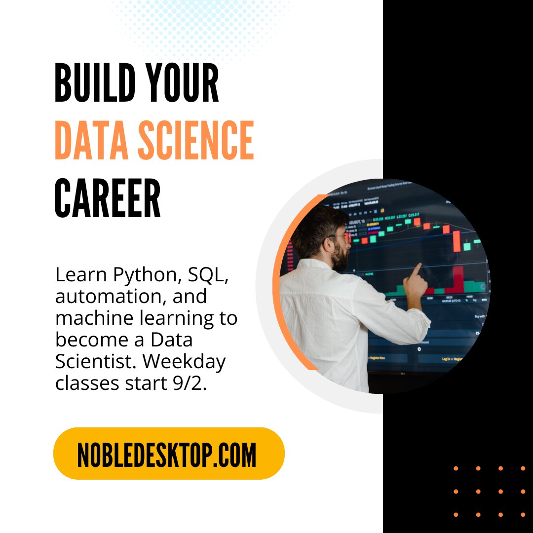 nobledesktop's tweet image. Our Data Science &amp;amp; AI Certificate kicks off 9/2! Learn Python, SQL, automation, and machine learning, all the essentials to launch your career in data. Perfect for beginners, this program will get you job-ready for entry-level roles in data science and Python engineering.