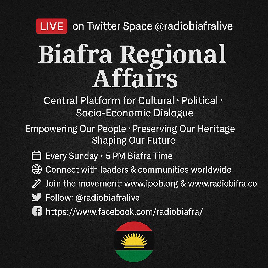 PROUD BIAFRAN BOY (@everiyke1) on Twitter photo Every Sunday 5pm #Biafra Time
<a href="/real_IpobDOS/">Directorate Of State (DOS)</a>
<a href="/radiobiafralive/">Radio Biafra</a> <a href="/IgboHistoFacts/">IGBO History & Facts</a>
<a href="/AnambraNewMedia/">Anambra State New Media</a> Every Sunday 5pm #Biafra Time
<a href="/real_IpobDOS/">Directorate Of State (DOS)</a>
<a href="/radiobiafralive/">Radio Biafra</a> <a href="/IgboHistoFacts/">IGBO History & Facts</a>
<a href="/AnambraNewMedia/">Anambra State New Media</a>