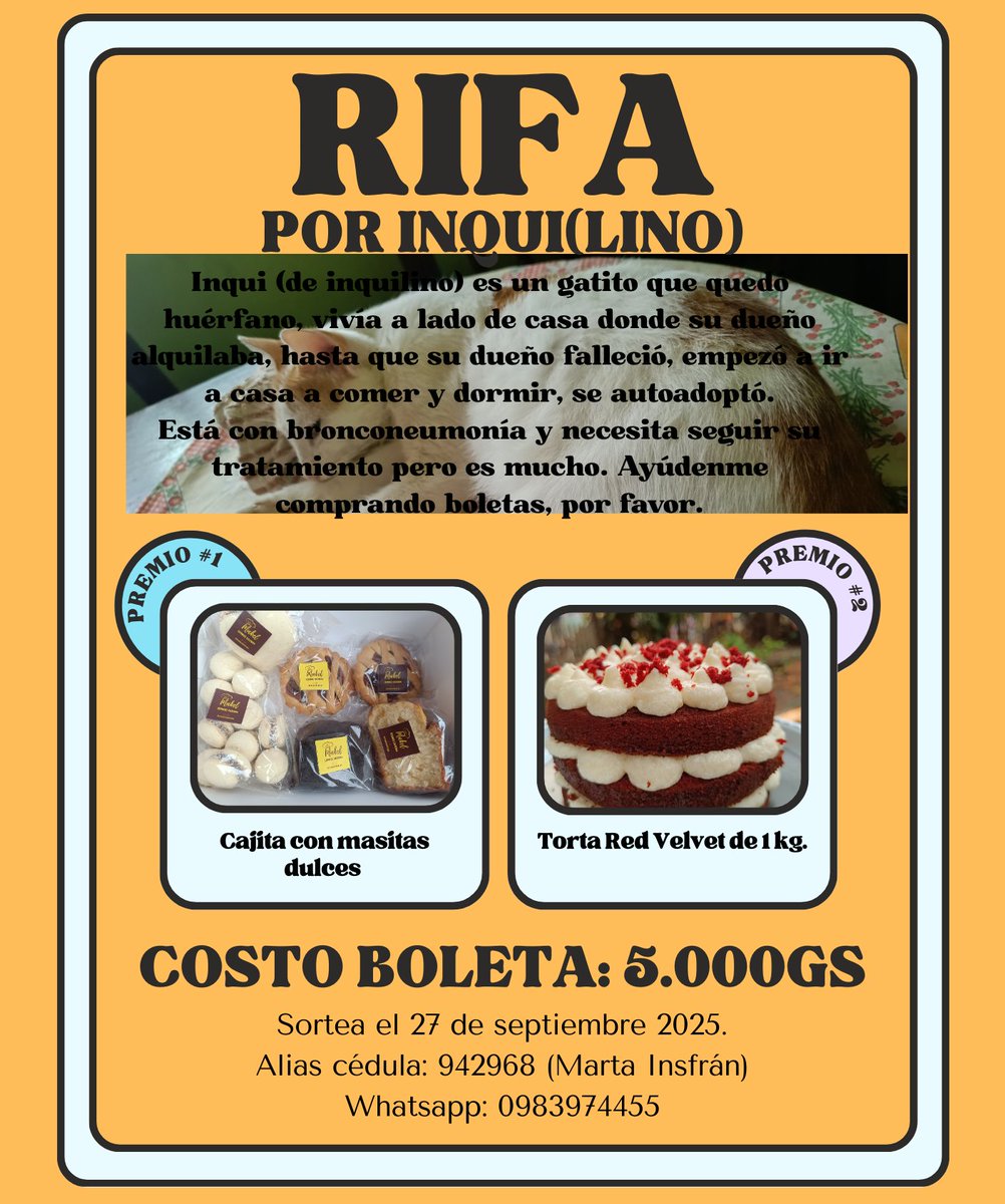 Hola chicus, me ayudan compartiendo? y comprenme la rifa para ayudar a Inqui 🙏 ya está con tratamiento pero todavía le falta