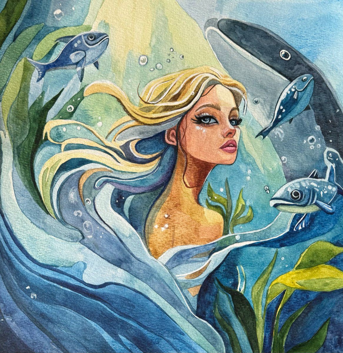 <a href="/jfx/">jf</a> Good morning!

Watercolor painting "Whispers of the Deep"
1/1 ed
150XTZ

A woman can embody the spirit of the sea or a person immersed in a world beyond the ordinary, where her strength and beauty are enhanced by her connection with the natural world.

objkt.com/tokens/KT1HWyf…