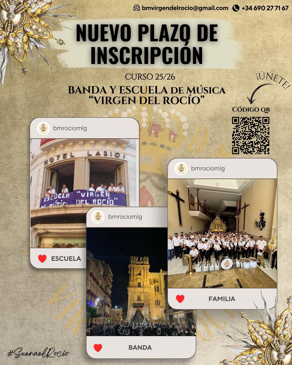🎺 𝐈𝐍𝐒𝐂𝐑𝐈𝐏𝐂𝐈𝐎́𝐍 𝐁𝐀𝐍𝐃𝐀 𝐃𝐄 𝐌𝐔́𝐒𝐈𝐂𝐀 𝐕𝐈𝐑𝐆𝐄𝐍 𝐃𝐄𝐋 𝐑𝐎𝐂𝐈́𝐎 • 

¡Nuestra Banda de Música abre un nuevo plazo de inscripción!
 
Iniciamos con mucha ilusión y ganas de seguir creciendo 🎶✨

form.jotform.com/252355397325361

#SuenaelRocío #CofradíasMLG