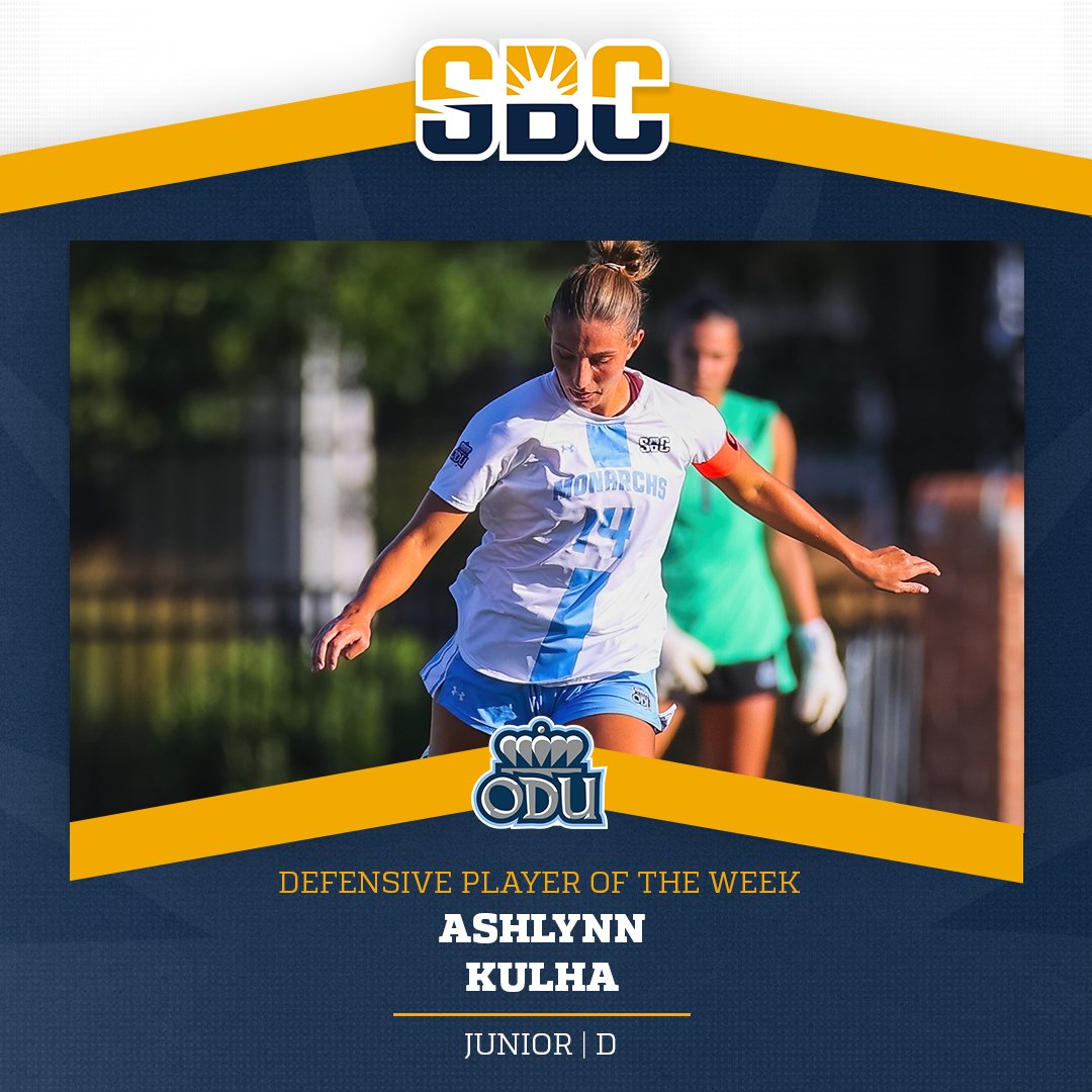 𝗞𝗨𝗟𝗛𝗔'𝗦 𝗥𝗘𝗜𝗚𝗡.

<a href="/ODUWomensSoccer/">ODU Women's Soccer</a> junior defender Ashlynn Kulha secures her fourth career #SunBeltWSOC Defensive Player of the Week honor after leading the Monarchs to a shutout win over Maryland. ☀️ ⚽ 

📰 » sunbelt.me/3HImSmE