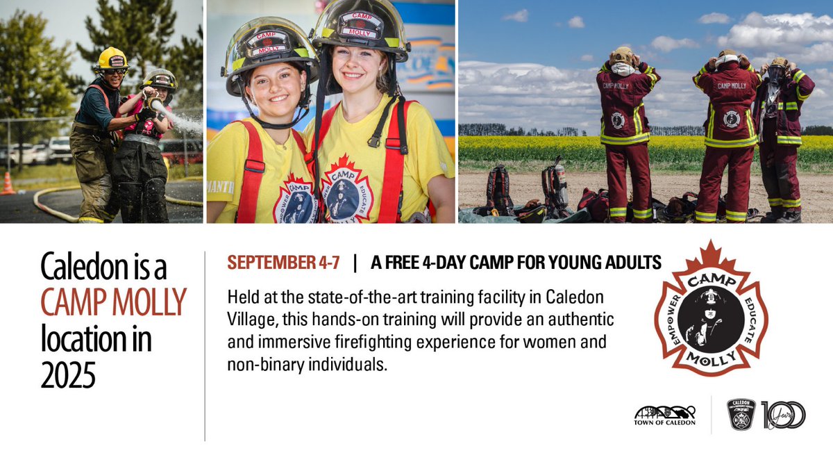 Caledon Fire & Emergency Services (@caledonfirees) on Twitter photo Four spaces at Camp Molly have opened up! 👩🚒
From September 4-7, young adults aged 15-18 can explore a career in fire services at our state-of-the-art training facility in Caledon Village.
Interested? 👋 Email fire@caledon.ca by Friday, August 29 to apply! <a href="/campmolly_fire/">Camp Molly Official</a> Four spaces at Camp Molly have opened up! 👩🚒
From September 4-7, young adults aged 15-18 can explore a career in fire services at our state-of-the-art training facility in Caledon Village.
Interested? 👋 Email fire@caledon.ca by Friday, August 29 to apply! <a href="/campmolly_fire/">Camp Molly Official</a>