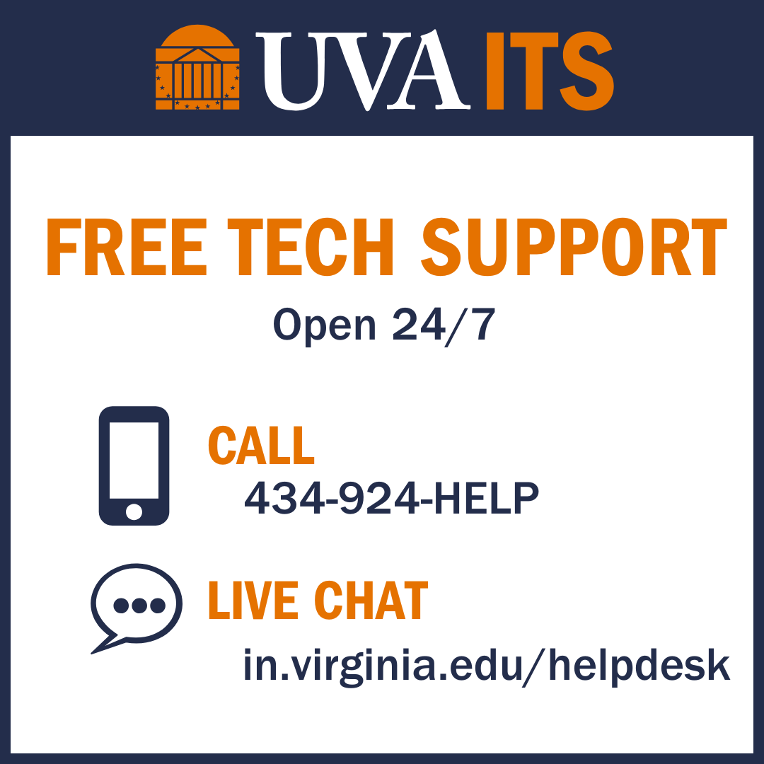 UVAITS's tweet photo. Happy first day, Hoos! If you need us, we are here 24/7. Contact the UVA Help Desk for wifi help, password resets, and more: https://t.co/jIObHLCknc. https://t.co/LmGnzRONRA