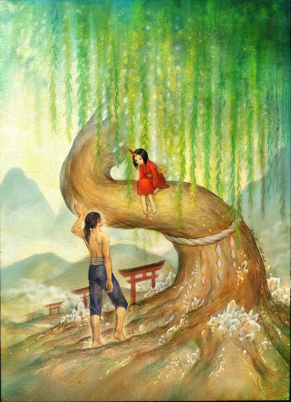 もともと１４年？くらい前に描いた水彩に、この夏ホームレス期間中に上から加筆してやっと完成した絵 (特に愛着があるわけでもないのに笑） deviantart.com/jurithedreamer…　I originally had the tree and background painted in watercolor back in 2011 and never finished it until now🤣