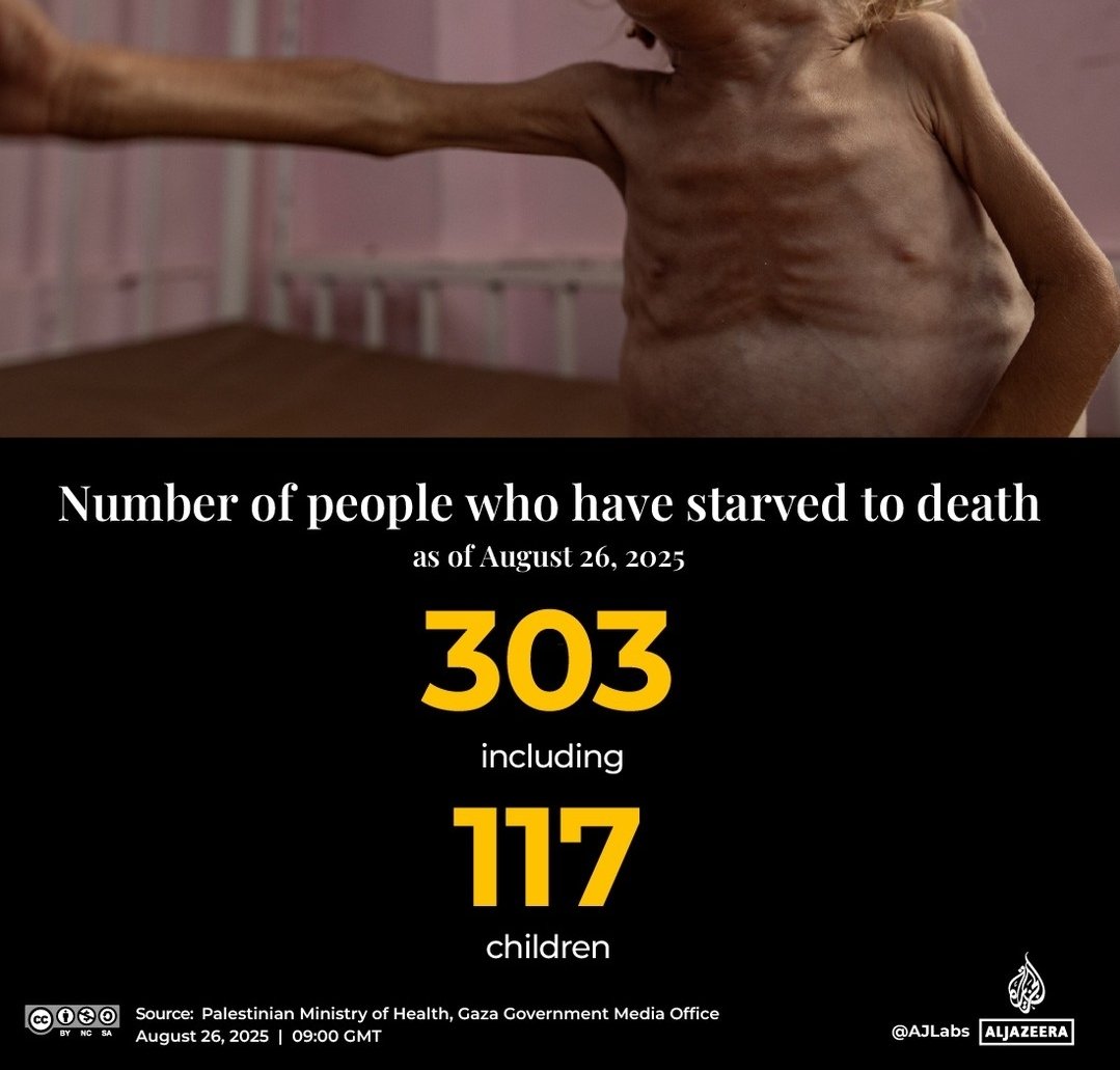 بر طبق آمار رسمی ۳۰۳ نفر در غزه بر اثر گرسنگی مرده‌اند. شامل ۱۱۷ کودک. برای بانیان و عاملان و حامیان و ساکتان این جنایت، مرگ مشابهی آرزومندم.