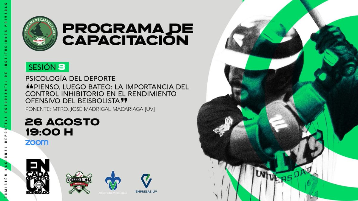 ⚾️ | Hoy continuaremos con nuestro Programa de Capacitación para entrenadores y jugadores de la Conferencia Nacional de Béisbol. 
Sesión 3️⃣
“Pienso, luego bateo: la importancia del control inhibitorio en el rendimiento ofensivo del beisbolista”.
Ponente: Dr. Erick  Fernández [UV]