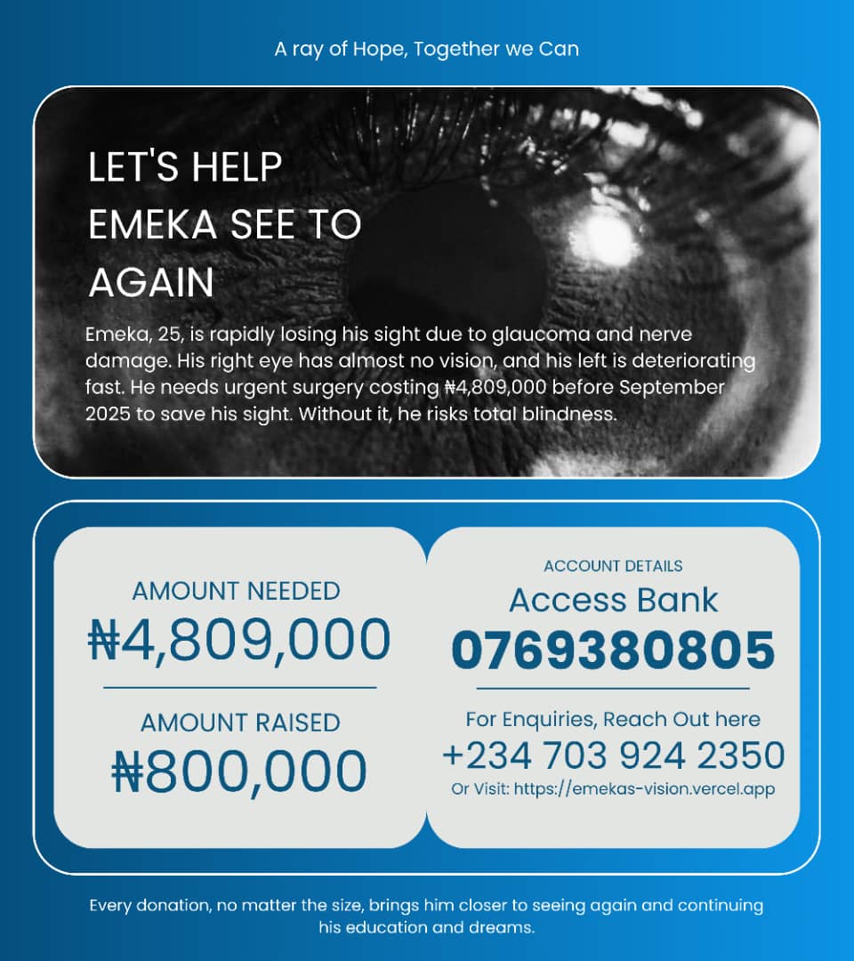 WE ARE AT ₦820,000! But the clock is ticking. I have just weeks left to raise ₦4 million for my sight-saving surgery.

Please, don't scroll past. Your retweet and donation is  the one that helps me cross the finish line. Let's do this!

#saveEmekasvision
emekas-vision.vercel.app
