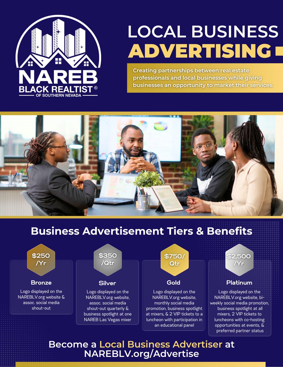 NAREBLV's tweet photo. Would you like to advertise on the NAREB: Black Realtist of Southern Nevada website? Visit https://t.co/46wYUvCKha and fill out the form. Our President, Toya Simon will be in touch upon receipt. 

#nareb #nareblv #democracyinhousing  #makeadifference #progressinNV https://t.co/BENfSFoFxB