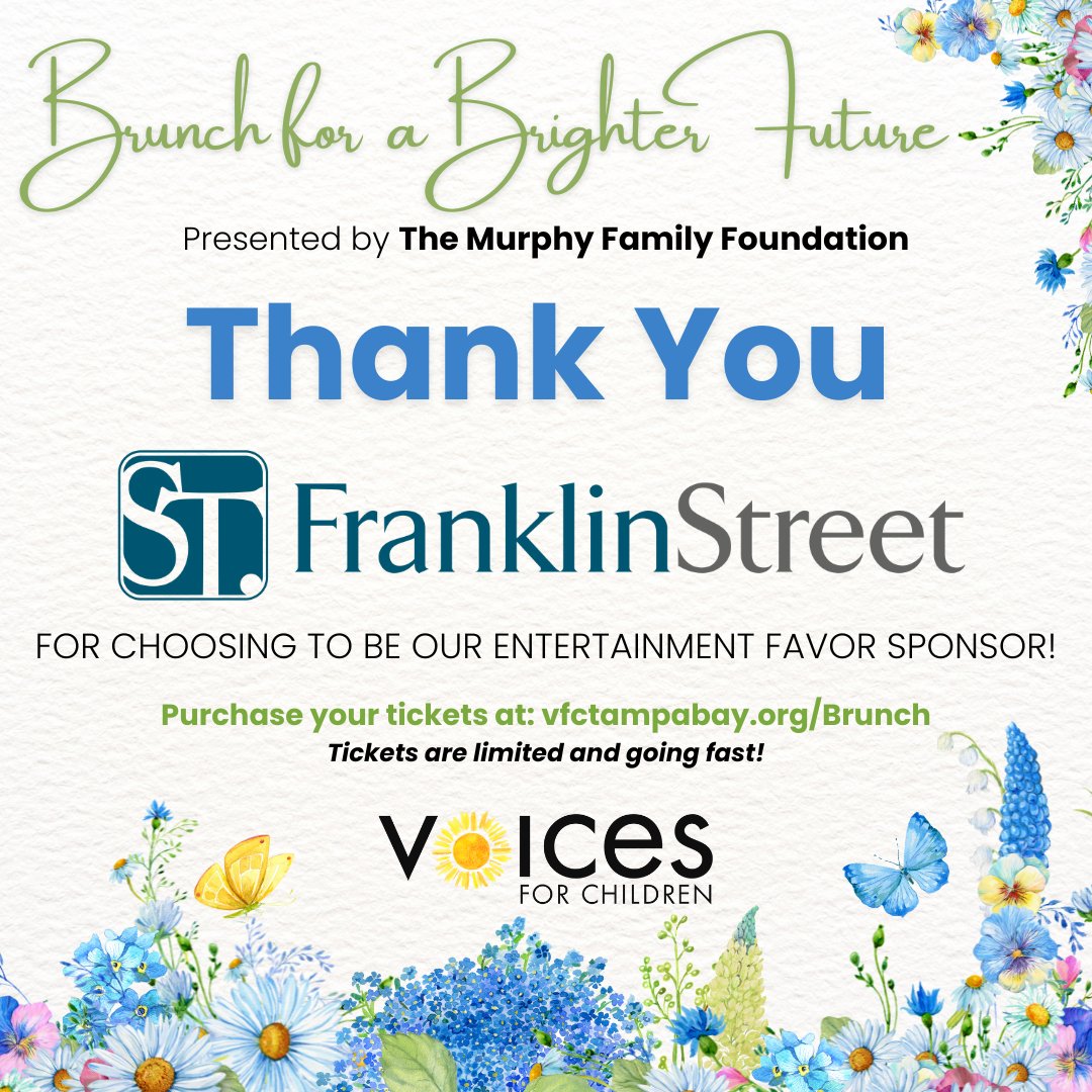THANK YOU to Franklin Street for sponsoring the entertainment at Brunch for a Brighter Future! Enjoy great food, drinks &amp; live music by Jariah Higgins. Meet foster kids whose futures are brighter because of your support. 🎟️ Tickets: vfctampabay.org/brunch #SupportFosterKids