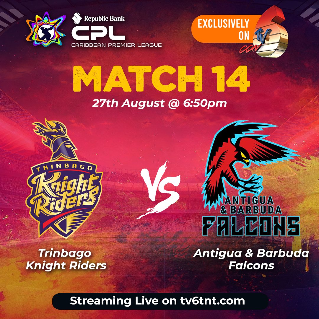tv6tnt's tweet image. Sweet T&amp;amp;T 🇹🇹 , yuh ready? #TKR coming with real heat 🔥🔥!

Match 14 :  @TKRiders  🇹🇹 vs @AntiguaFalcons   🇦🇬 at 7:00pm

Watch D' CPL ON TV6 🏏 via the CCN TV6 app📲, on tv6tnt.com/tv6sports 💻or channels 6 and 18 📺

#CPL25 #CPL #WatchDCPLonTV6 #CCNTV6 #TV6 @CPL