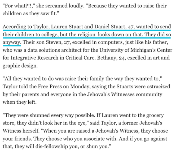 Ron_POMO's tweet image. Tragedies like this are why we get angry when JWs say things like "no one ever stopped you" or  "it was never a rule that you couldn't go to college".

"Jehovah's Witnesses shunning drove Keego Harbor mom to murder-suicide"

Shunning because of college!

freep.com/story/news/loc…