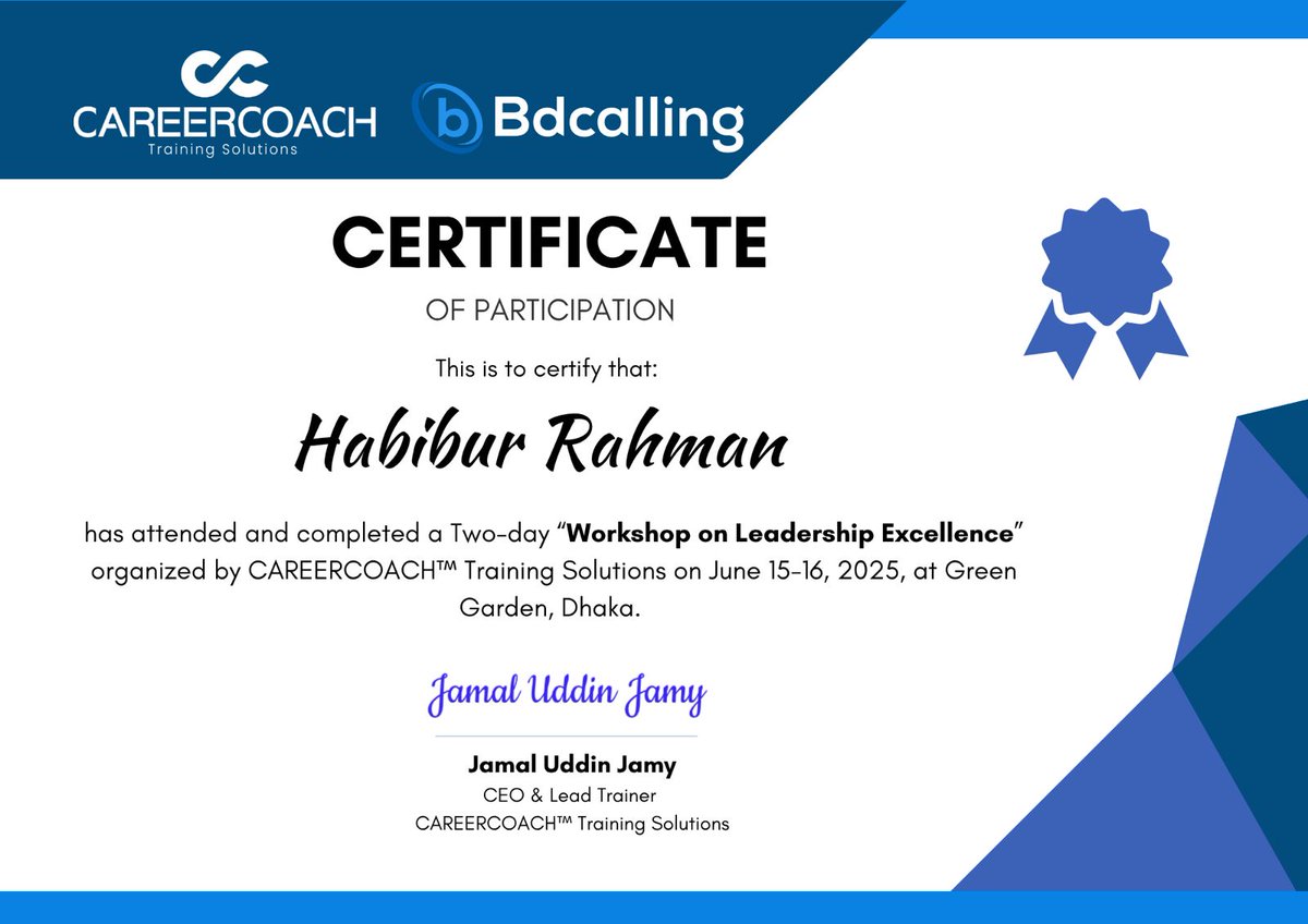 habibcoder's tweet image. I have successfully completed a two-day Managerial Leadership Excellence Training on 15th and 16th June 2025, organized by bdCalling IT Ltd and conducted by Jamal Uddin Jamy Vai from CareerCoach™ Training Solutions.
#habib_coder #habibcoder #Habibur_Rahman #habiburrahman