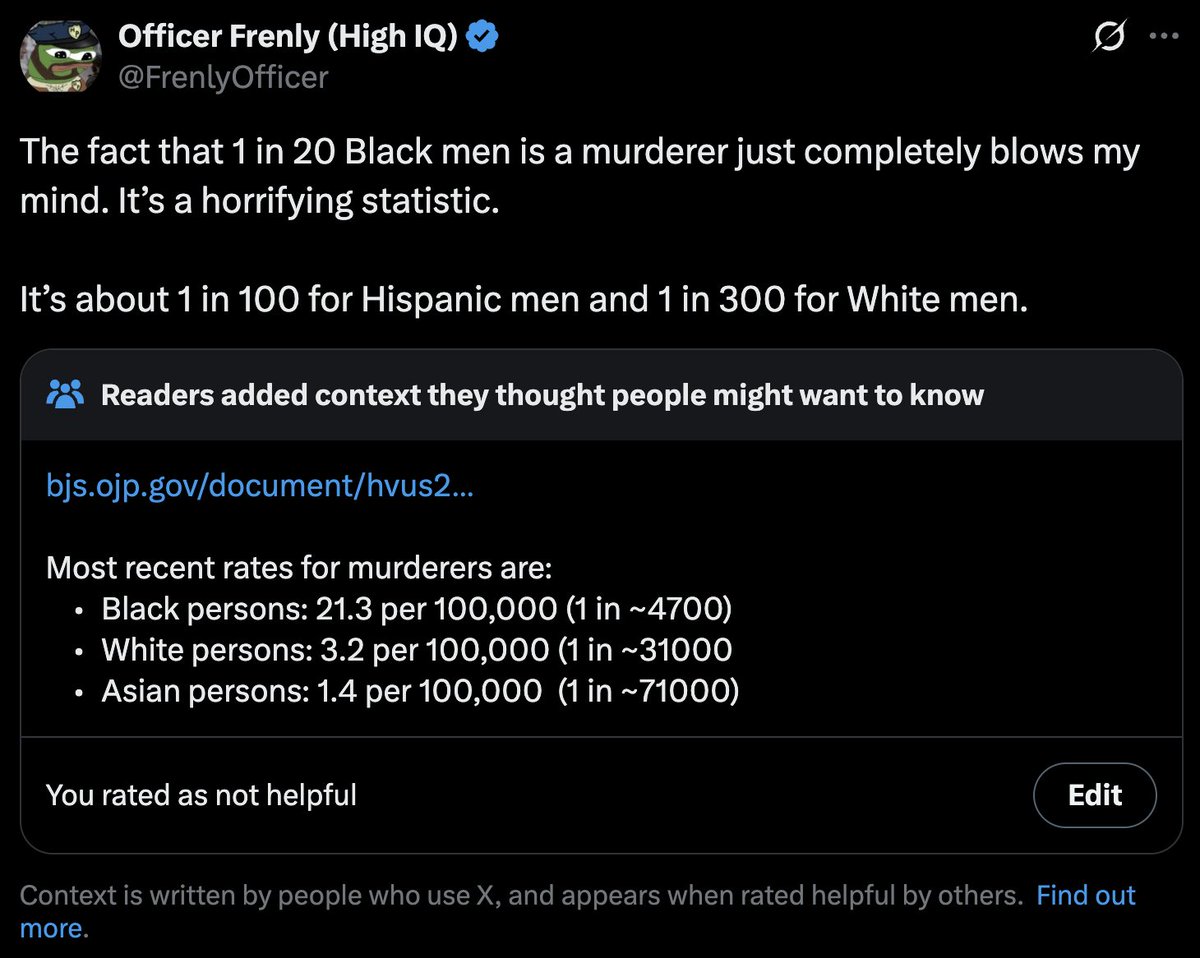 pretty bad fail from community notes, confusing the rate of murders per year with the lifetime chance of being a murderer