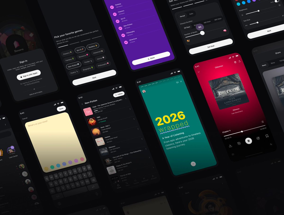 enzosantidesign's tweet photo. 🎧 Sonora, a new way to listen, share, and explore stories. Coming soon. 🔖

#uiDesign #figma #ui8 #audioBook https://t.co/p6jhZ82poQ