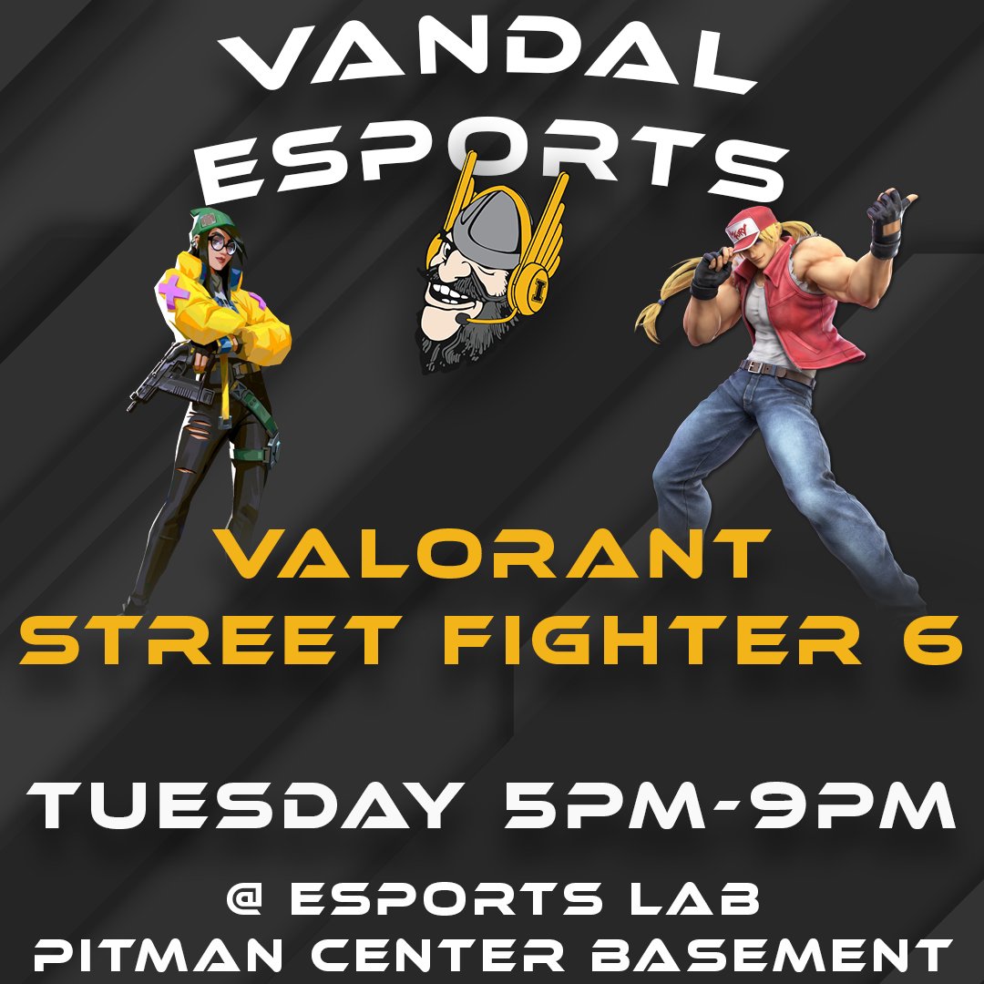 ⚡ VANDAL ESPORTS TRYOUTS ⚡
VALORANT + STREET FIGHTER 6 🕹️
📅 Tuesday | ⏰ 5–9PM
📍 Esports Lab – Pitman Center Basement

Bring your game. Join the team. 🖤💛
#VandalEsports #Esports #UIdaho