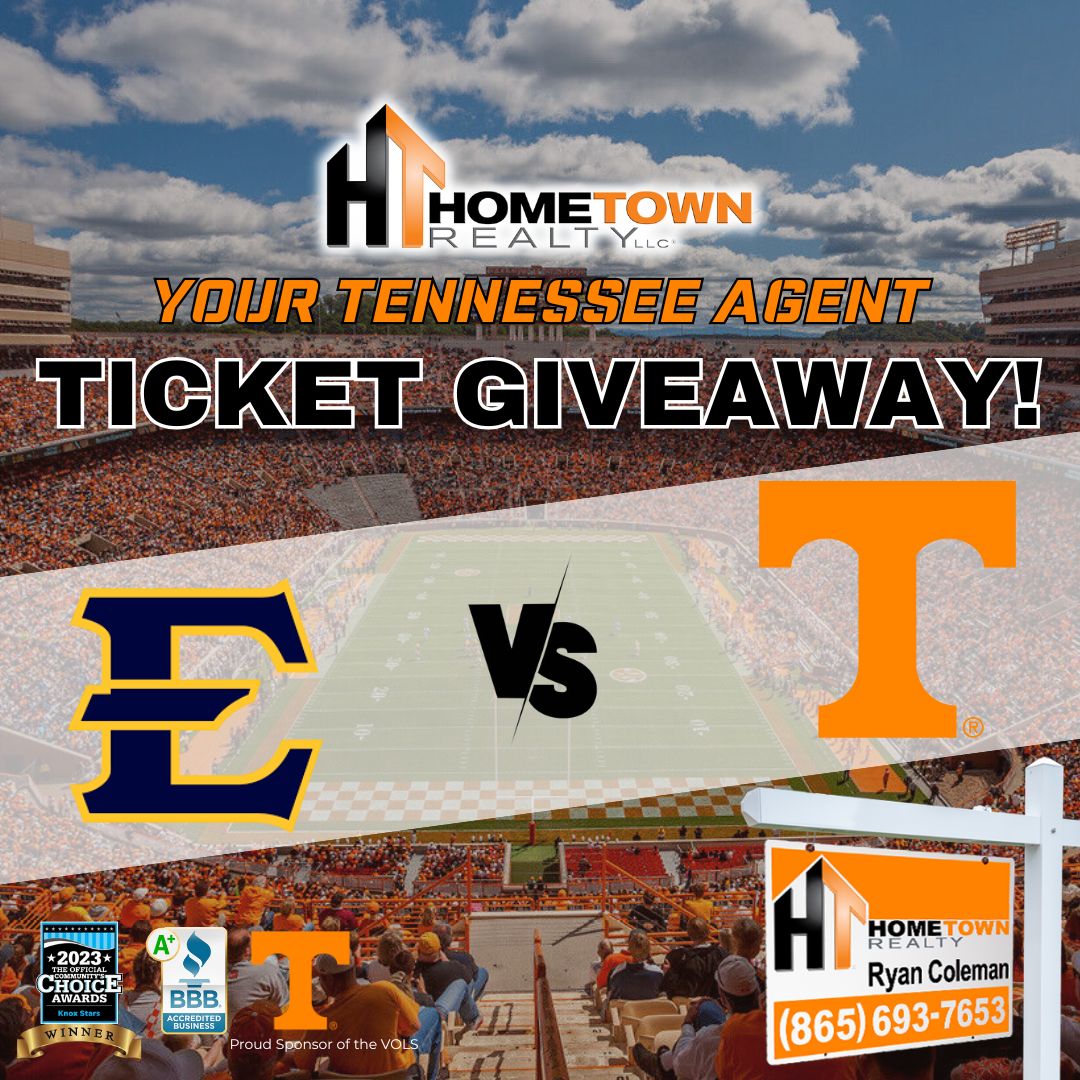 🎉FIRST HOME GAME GIVEAWAY 🎉

ETSU Buccaneers vs Tennessee Volunteers 🏈
September 6, 2015 @ 3:30 pm

2 Winners:
2 Tix + Parking 
2 Tix 

How?
FOLLOW &amp; LIKE our page
LIKE, SHARE &amp; TAG a friend

#TNVolunteers #TNFootball #KnoxvilleRealEstate #HometownRealty #GBO