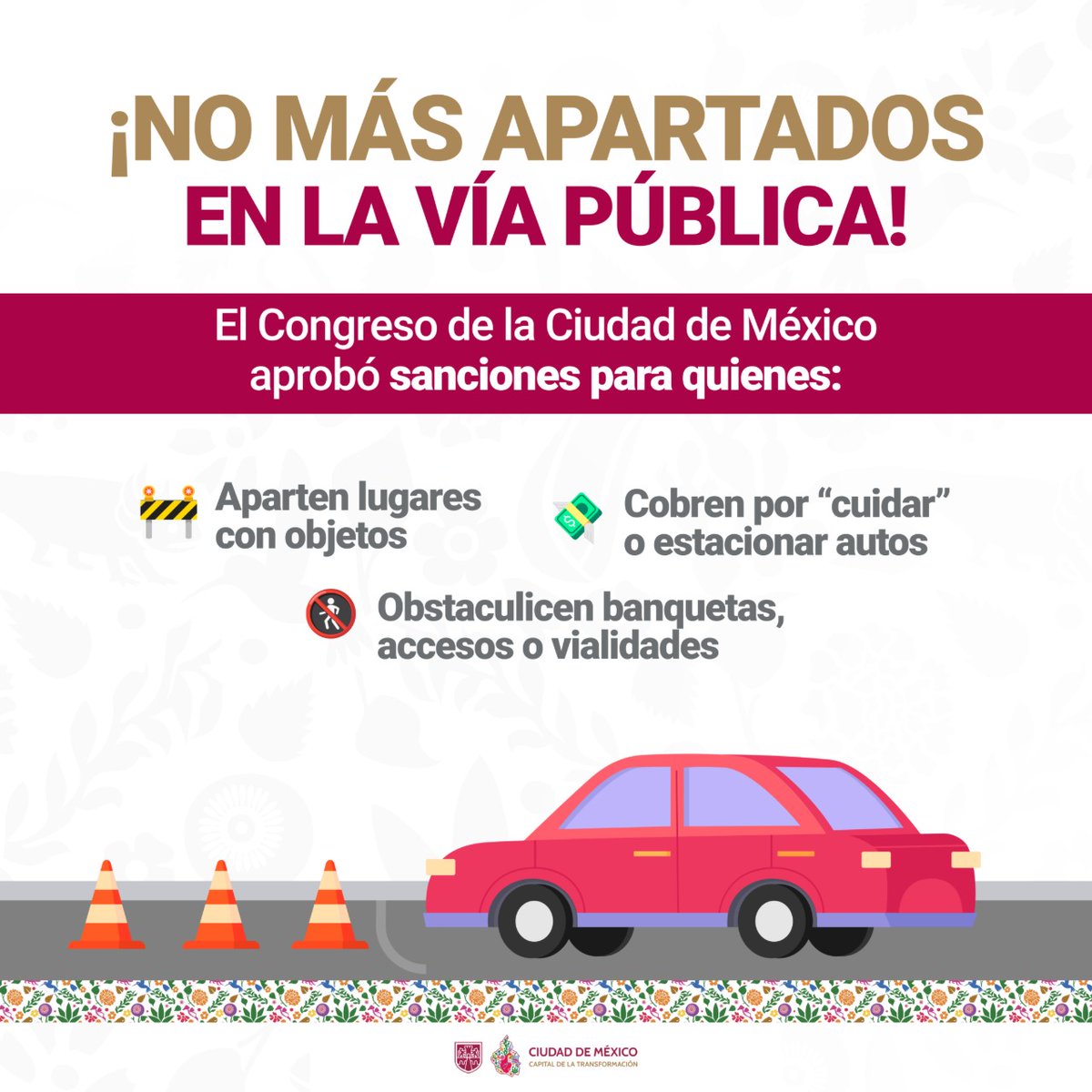 GobCDMX's tweet photo. 🚗 Por iniciativa de nuestra #JefaDeGobierno, @ClaraBrugadaM, se puso un alto a la privatización de las calles en la #CapitalDeLaTransformación. 🏙️✨

El @Congreso_CdMex aprobó sanciones contra quienes aparten lugares de estacionamiento o cobren por “cuidar” autos en la vía pública. ⚖️🚓

Aquí te contamos lo que necesitas saber.  🤝