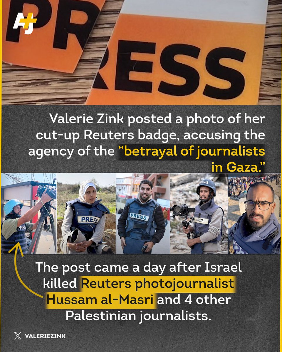 ajplus's tweet photo. Reuters journalist Valerie Zink resigned a day after Israel killed her colleague Hussam al-Masri in Gaza, posting a photo of her cut-up Reuters badge and accusing the company of “justifying and enabling the mass assassination” of journalists in Gaza.

Al-Masri was 1 of 5 journalists killed during a “double-tap” strike on Nasser Hospital on Aug. 25, including Al Jazeera photographer Mohammad Salama. At least 11 Al Jazeera journalists have been killed since Israel launched its war on Gaza in October 2023.

Associated Press journalist Mariam Dagga was also killed in the strike, as well as journalists Moaz Abu Taha and Ahmed Abu Aziz.

Reuters and the AP issued a joint statement the day after the attack, demanding an investigation and “clear explanation” for the attack.

Since Israel launched its war on Gaza, it has killed at least 273 Palestinian journalists. Even before its attacks in October 2023, Israeli forces regularly targeted Palestinian journalists – killing veteran Al Jazeera journalist Shireen Abu Akleh with a sniper shot to the head in May 2022.