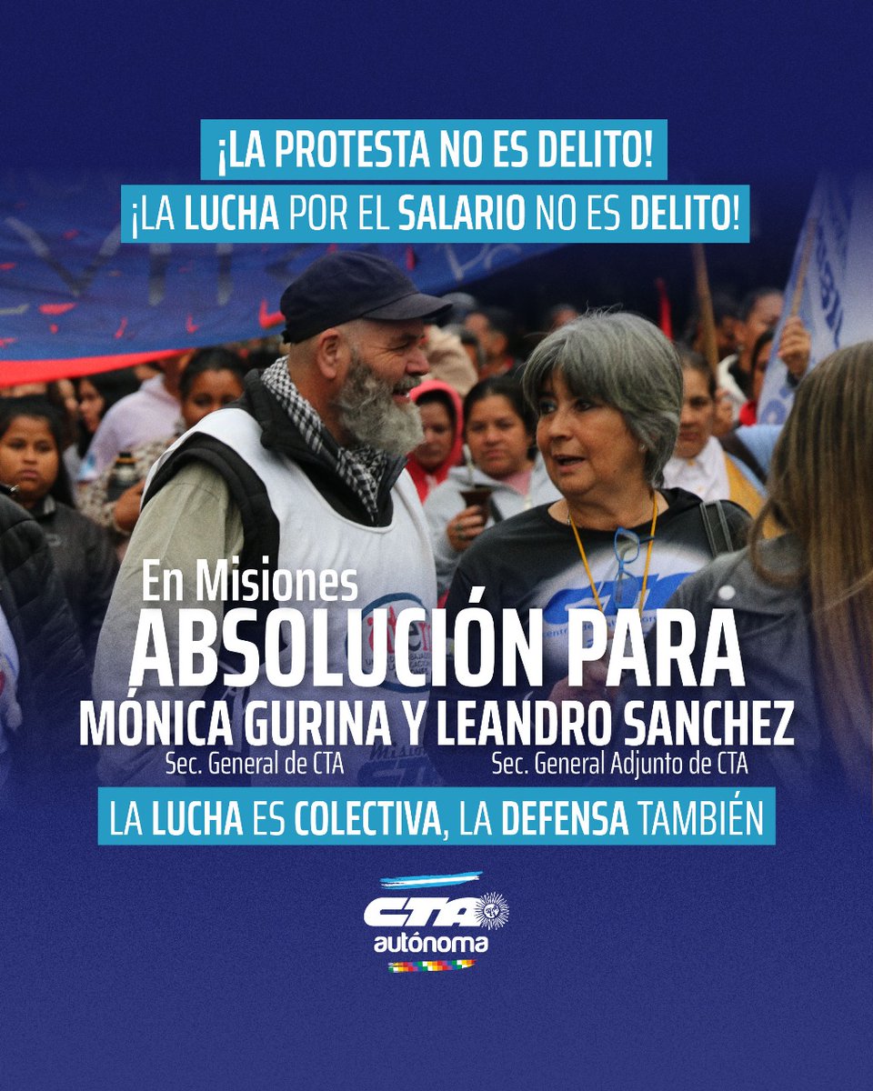 No a la persecución judicial en Misiones ✊🏽
Mónica Gurina y Leandro Sánchez serán juzgad@s por reclamar salarios en 2024.
¡Absolución ya! ¡Desprocesamiento de lxs luchadorxs populares!
Firma aquí 👉 forms.gle/hkKwBLMjUqRQSf…