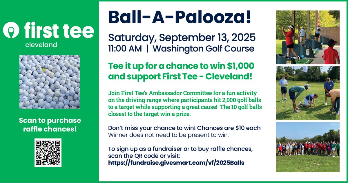 Don't miss your chance to enter the Ball-A-Palooza raffle! On Sept. 13, our participants will hit 2,000 numbered golf balls towards a target on the driving range. The 10 balls closest to the target win a prize. Top prize is $1,000! Chances are $10. Visit: fundraise.givesmart.com/vf/2025Balls