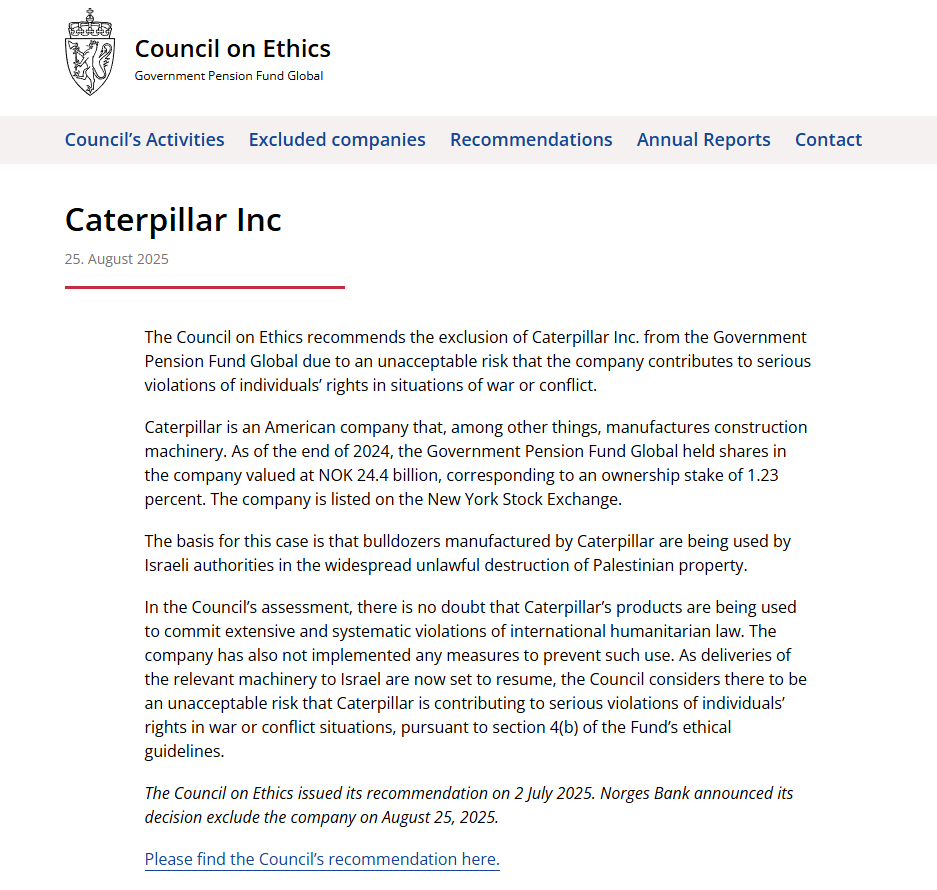 RuwanSubasinghe's tweet photo. NBIM - a component of the Norwegian Sovereign Wealth Fund - will not invest in #Caterpillar over the use of the company's bulldozers by Israeli authorities 'in the widespread unlawful destruction of Palestinian property'.

Capital strategies needed where govts fail. https://t.co/qTS0rMe96Q