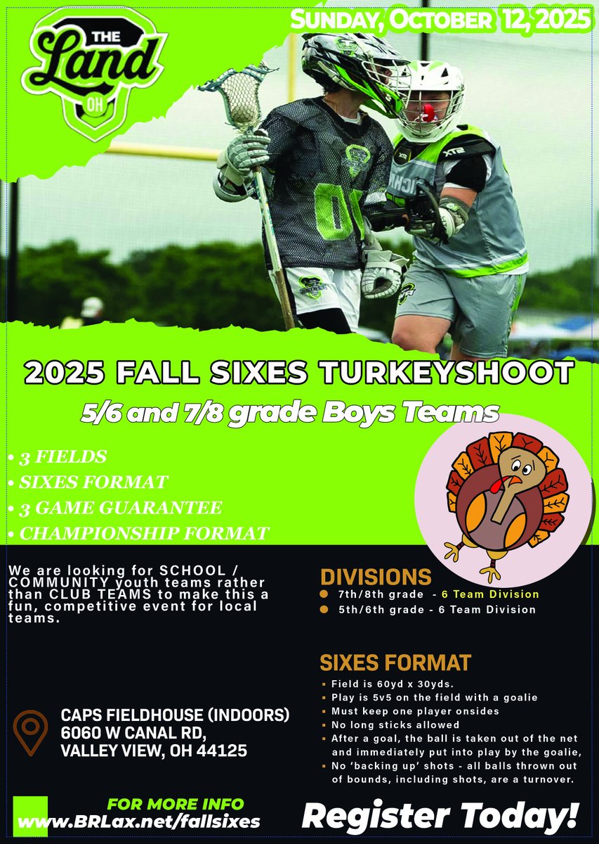 🦃 6s Boys Turkeyshoot is back!

📅 Oct 12, 2025
📍 CAPS Fieldhouse (Valley View)
🏆 Boys 5/6 &amp; 7/8 Divisions

✅ 6 teams per division
✅ 3-game guarantee
✅ $600/team

👉 Register now: brlax.net/fallturkey
