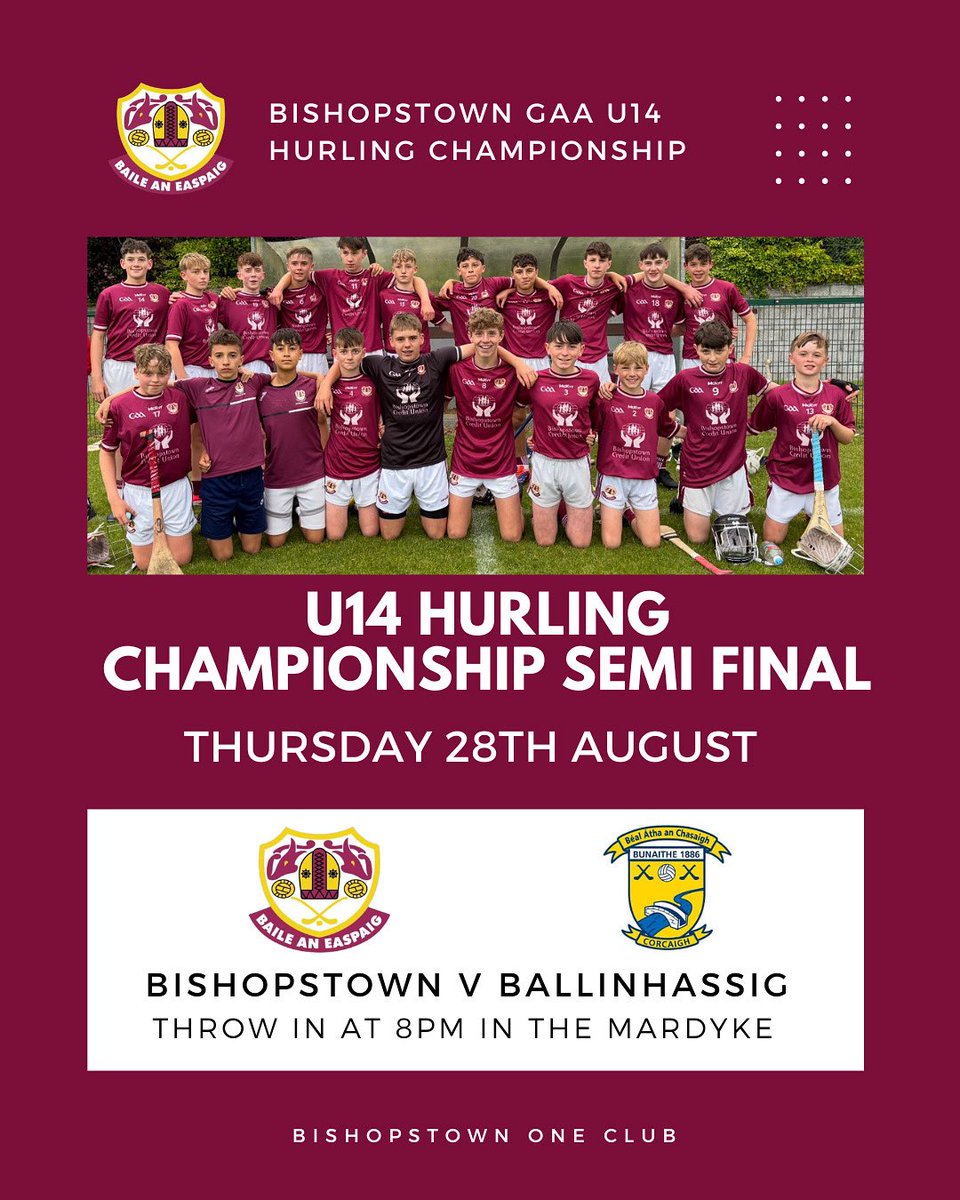 Best of luck to our u14 boys in the Hurling Championship Semi Final on Thursday 28th August at 8pm in the Mardyke, please come and support our lads #oneclub #baileabú