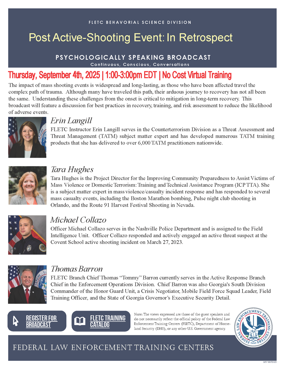 Post Active-Shooting Event: In Retrospect - Psychologically Speaking Broadcast

Register for Broadcast 👉: ow.ly/sU6j50WMm1S