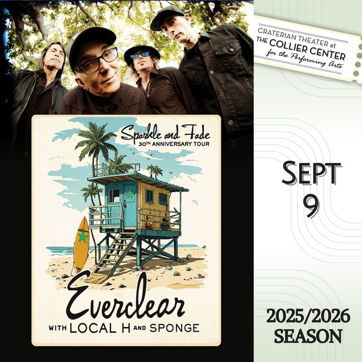 Everclear – Sparkle and Fade 30th Anniversary Tour

Tuesday, September 9, 2025 - 7:00pm

SOLD OUT! Please call the box office at 541-779-3000 for most up to date information.

#medford #oregon #oregonconcerts #everclear #southernoregon #roguevalley
