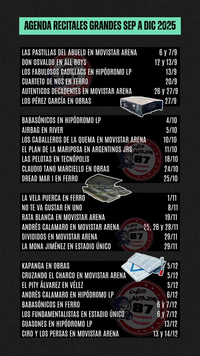 RamaColantonio's tweet photo. LOS RECITALES GRANDES DEL AÑO

En el último stream hicimos una agenda con los shows grandes que hay desde septiembre hasta diciembre en Buenos Aires

¡Mes a mes la vamos a ir actualizando! https://t.co/vN29zhe3u9