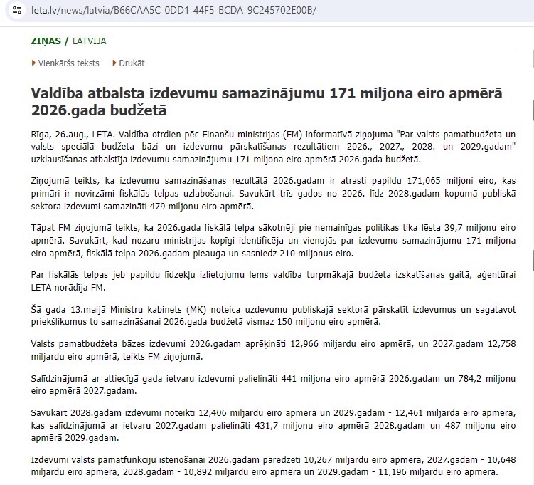 Nē, nu, jā! Teorētiski arī svara zaudēšanu var sākt ar nagu un matu griešanu. Tik apmēram būtu tie 171 milj no valsts budžeta tēriņiem. Bet arī tas īsti nesanāk, jo nākamgad tik un tā ieplānoti izdevumi vēl par 441 milj lielāki. Un aiznākamgad par 784 milj vēl.