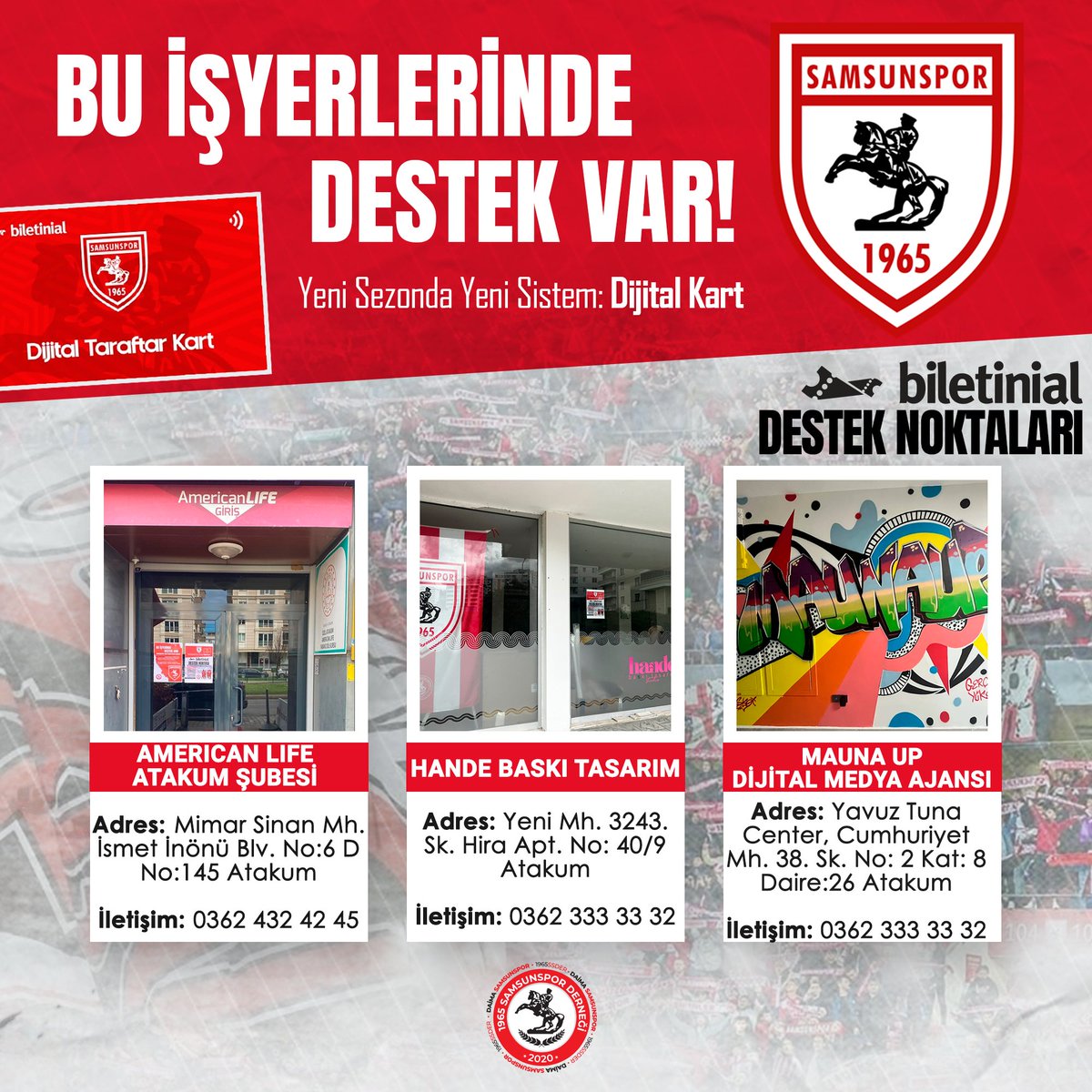 Esnaf Destek Noktalarımız Artıyor! 9⃣

Taraftarlarımızın Biletinial sürecinde yanında olmak için üç yeni noktamız daha oluştu.

Bu adreslerde Biletinial üyeliğinizi açabilir, Samsunspor dijital kartınızı oluşturabilir ve maç biletinizi kolayca alabilirsiniz.

#Samsunspor 🔴⚪️⚫️
