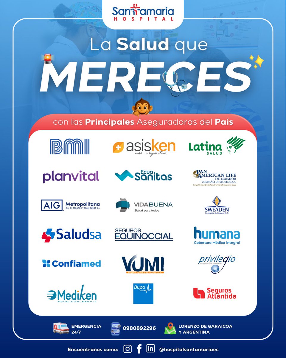 HSantamariaEC's tweet photo. En Hospital Santamaría trabajamos junto a las principales aseguradoras del país para brindarte atención médica con confianza, seguridad y calidad.💙 
#hospitalsantamaria #guayaquil #seguroprivado #salud https://t.co/bFWhIwcRka