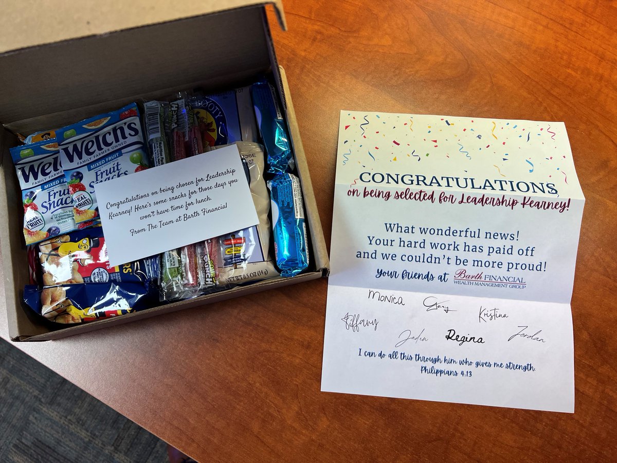 CaptMYoungKPD's tweet photo. "Thank you @BarthFinancial for the awesome goodie box and kind letter! Excited to begin the #LeadershipKearney journey and build new relationships along the way. #Community #Leadership" https://t.co/dweMFmyqT9