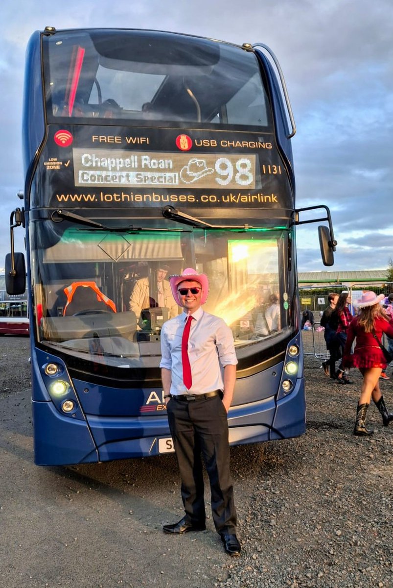 Hard at work taking people to see <a href="/ChappellRoan/">Chappell Roan</a> at <a href="/HighlandCentre/">RoyalHighlandCentre</a>! 🤠

<a href="/on_lothianbuses/">Lothian Buses</a> Service 98s will be lined up and Hot to Go back to the City Centre when it finishes too! 🚍

#Lothian #PinkPonyBus #SummerSessions