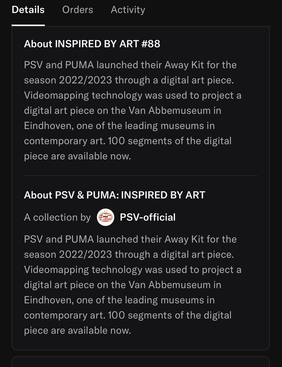 Ik kwam deze twee NFTs van <a href="/PSV/">PSV</a> en <a href="/PUMA/">PUMA</a> weer tegen in een van mijn wallets. Benieuwd wie van mijn volgers deze ook nog heeft en welke precies. De collectie zou uit 100 items bestaan. 

Eens zien hoe ver we komen! Reply met jouw NFTs