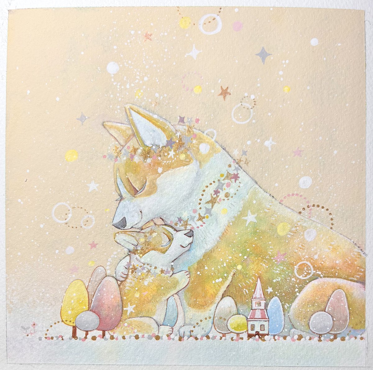 イラストレーター Yosi アクリル画 原画　 超希少な作品　真作　１点もの ◉真作保証◉Yosi◉アクリル原画◉やさしいぬくもり◉名古屋三越
