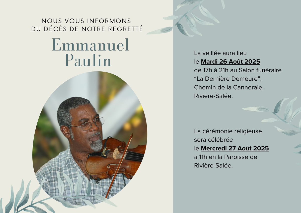 Profondément affecté par le décès de mon ami Emmanuel Paulin.
Mes pensées affectueuses sont avec Loïsa, Kélia, sa famille, ses proches, ses collègues et amis musiciens !
Les précisions concernant sa veillée et la cérémonie religieuse sont notées dans le visuel ci-joint.