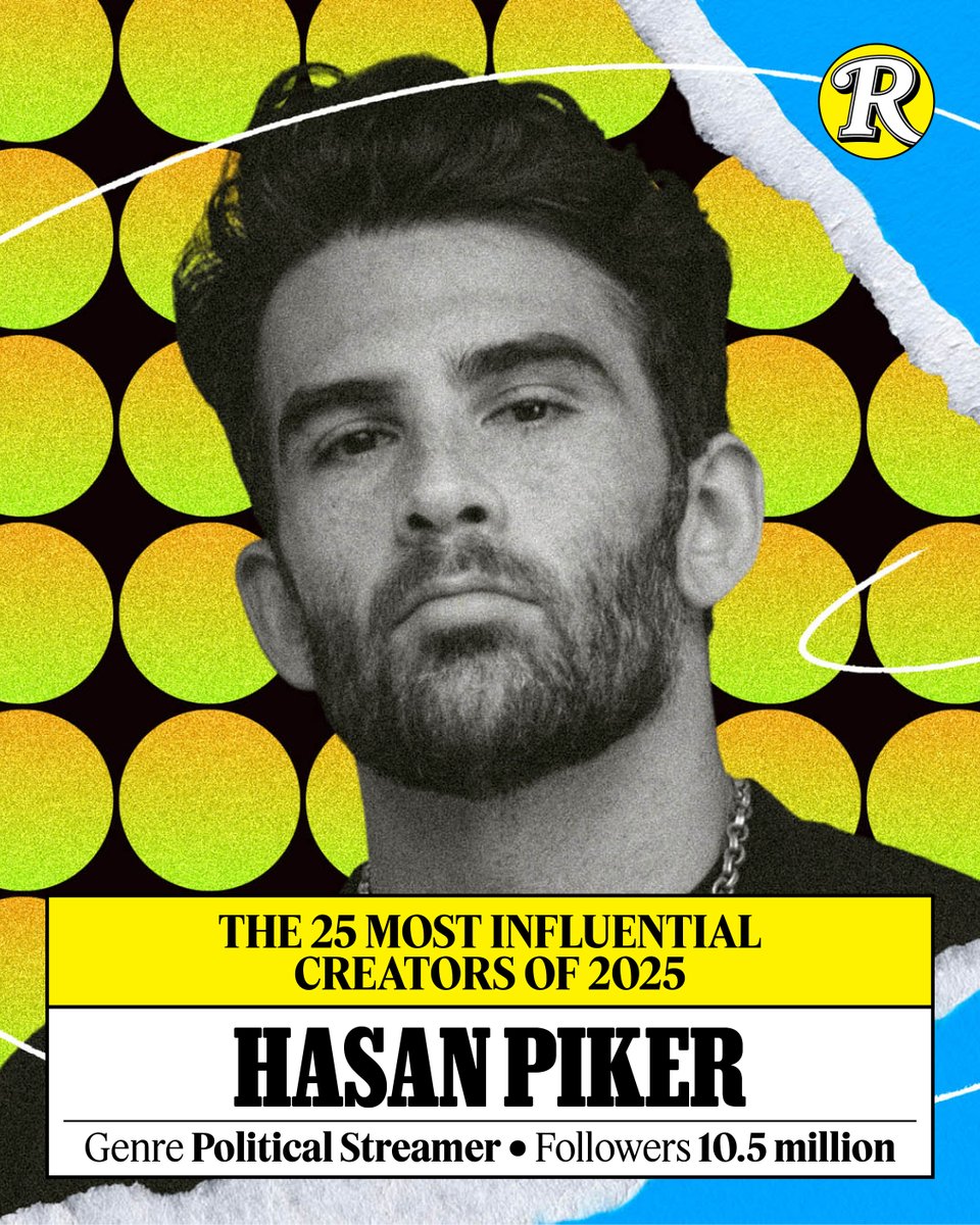 RollingStone's tweet image. Rolling Stone names Hasan Piker as one of the most influential creators of 2025 🏅

The biggest socialist in streaming, @hasanthehun, isn’t slowing down.

Full list: rollingstone.com/culture/cultur…