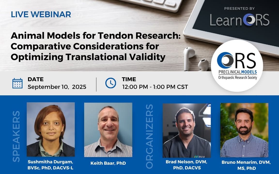 ORSsociety's tweet image. Join us Sept 10 at 12 PM CST for #WebinarWednesday with the @ORSPCMSection! Learn how large & small animal models advance #tendonresearch and why choosing the right model depends on your research question. Free for ORS members. Register: ors.memberclicks.net/pcm091025web