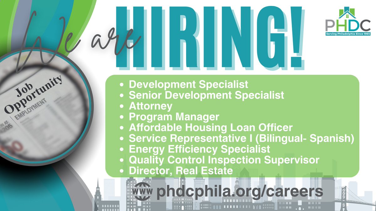 #PhilaPHDC has nine open positions! 

If you're interested in joining a great team, get more info on our website: phdcphila.org/careers
