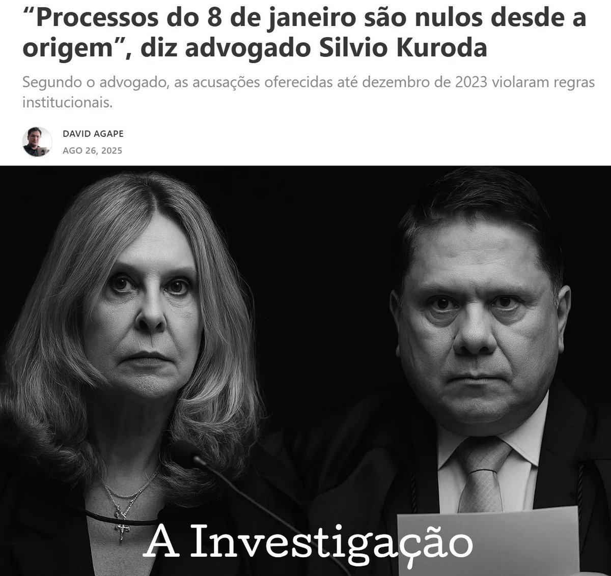David Ágape (@david_agape_) on Twitter photo Enquanto o Congresso discute #anistia para os presos do 8 de janeiro, um advogado aponta outro caminho: anular todos os processos.
Silvio Kuroda (<a href="/SilvioKuroda/">Silvio Kuroda 黒田</a>), especialista em Direito Público, diz que a vice-PGR Lindôra Araújo — a promotora natural — foi afastada em manobra Enquanto o Congresso discute #anistia para os presos do 8 de janeiro, um advogado aponta outro caminho: anular todos os processos.
Silvio Kuroda (<a href="/SilvioKuroda/">Silvio Kuroda 黒田</a>), especialista em Direito Público, diz que a vice-PGR Lindôra Araújo — a promotora natural — foi afastada em manobra