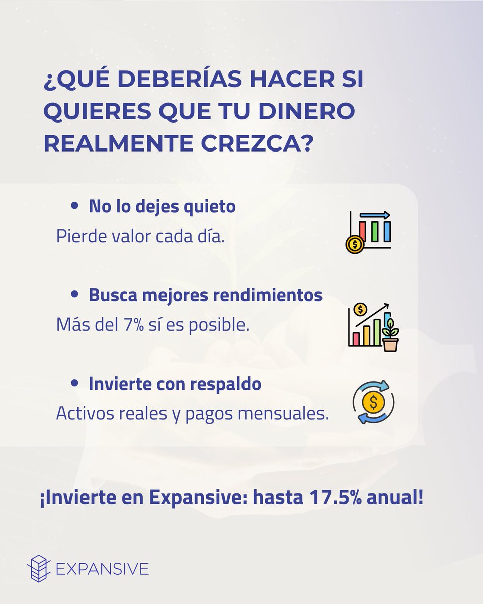 💭 El problema no es ahorrar… es quedarte donde tu dinero no crece.

Hoy los CETES pagan solo 7.91% anual, y en el banco tu dinero pierde valor cada día.

En Expansive puedes obtener hasta 17.5% anual, con pagos mensuales y respaldo inmobiliario.

#InversionesInteligentes