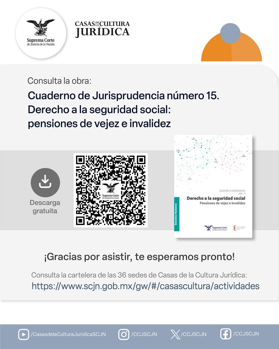 Casas de la Cultura Jurídica, SCJN (@ccjscjn) on Twitter photo #MartesDeDescargas 📚
🔎 Consulta y descarga, de manera gratuita, la obra "Cuaderno de Jurisprudencia número 15. Derecho a la seguridad social: pensiones de vejez e invalidez" del <a href="/CEC_SCJN/">Centro de Estudios Constitucionales</a>
⬇️ sitios.scjn.gob.mx/cec/sites/defa…
#DescargaGratuita #MartesDeDescargas 📚
🔎 Consulta y descarga, de manera gratuita, la obra "Cuaderno de Jurisprudencia número 15. Derecho a la seguridad social: pensiones de vejez e invalidez" del <a href="/CEC_SCJN/">Centro de Estudios Constitucionales</a>
⬇️ sitios.scjn.gob.mx/cec/sites/defa…
#DescargaGratuita