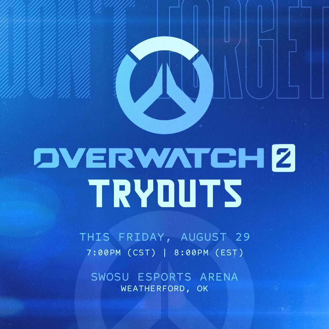 🚨 Overwatch 2 Tryouts 🚨

📅 Fri, Aug 29 • ⏰ 7PM

📍 SWOSU Esports Arena

⚔️ Req: Platinum Rank + Headset

✨ Optional: Bring your own M&amp;K