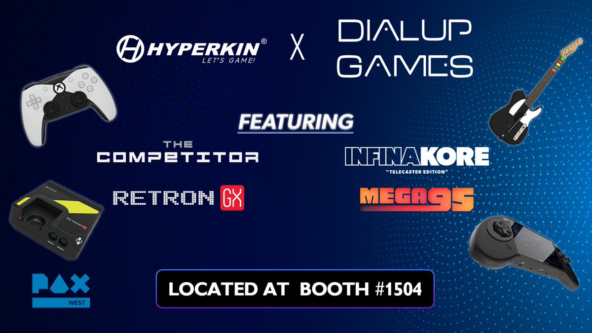 Hyperkin (@hyperkin) on Twitter photo We’ll be at @PAX West with our friends <a href="/dialupgames/">Dial Up Games</a> at Booth 1504!
Play the new #RetroNGX, the upcoming #Mega95, and #theCompetitor.
Get the first look at the @drakonggaming #InfinaKore Guitar 🎸
PLUS we’re giving away 2 RetroN GX's & 2 Competitors. Come to the booth to find We’ll be at @PAX West with our friends <a href="/dialupgames/">Dial Up Games</a> at Booth 1504!
Play the new #RetroNGX, the upcoming #Mega95, and #theCompetitor.
Get the first look at the @drakonggaming #InfinaKore Guitar 🎸
PLUS we’re giving away 2 RetroN GX's & 2 Competitors. Come to the booth to find